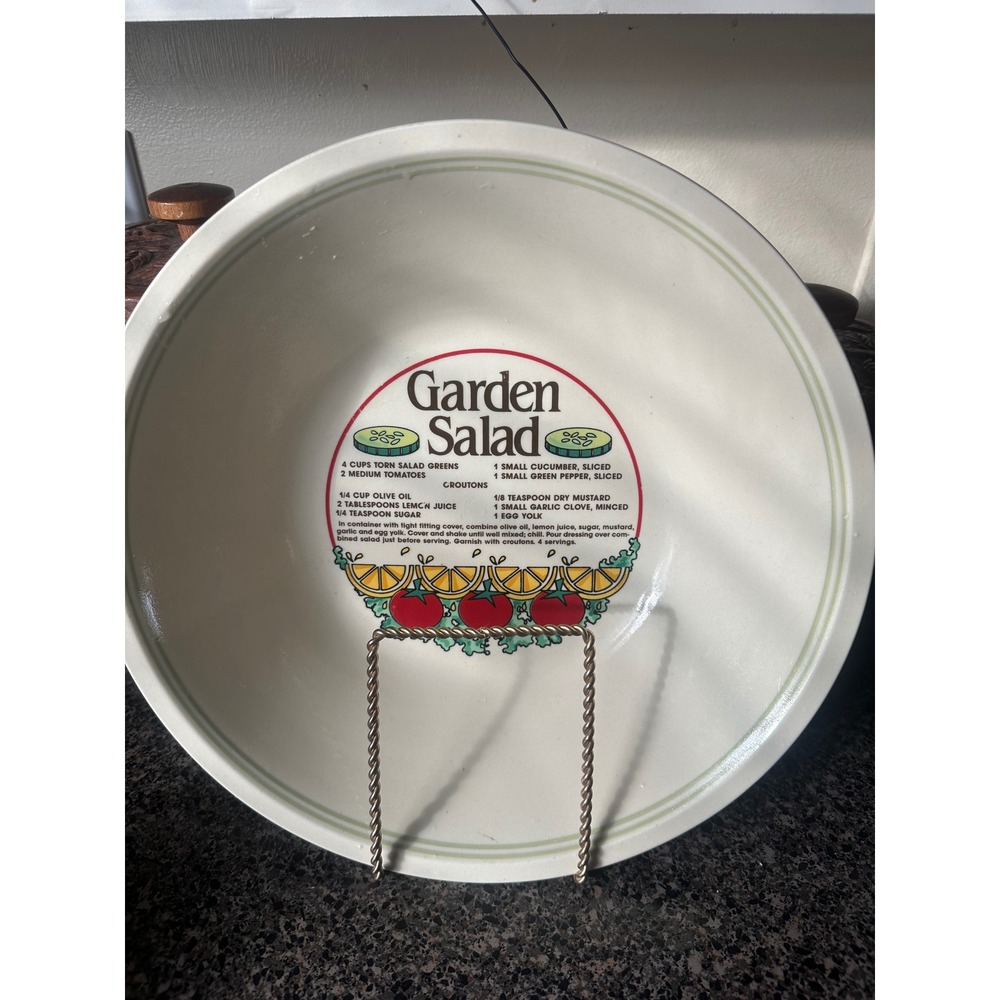 Vintage Garden Salad Recipe Ceramic Serving Bowl Cream Green Stripe Stoneware